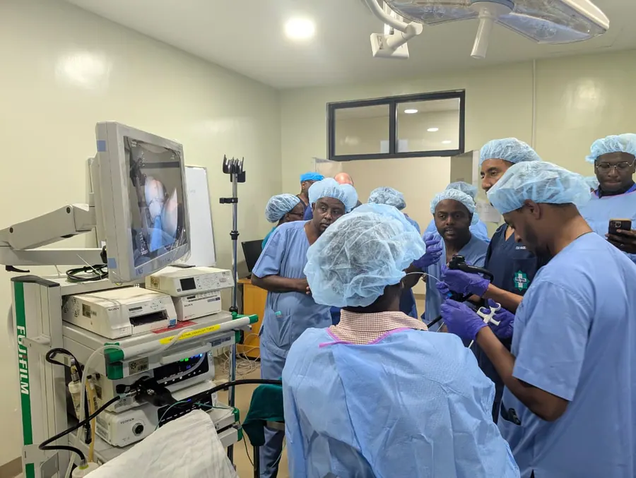 Trainees and trainers around an endoscopy tower during a ROEYA hands-on course